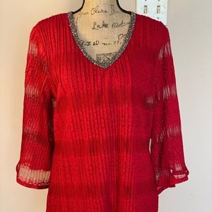 NWT Reba Red Lace W/Silver Beaded V-Neck Top